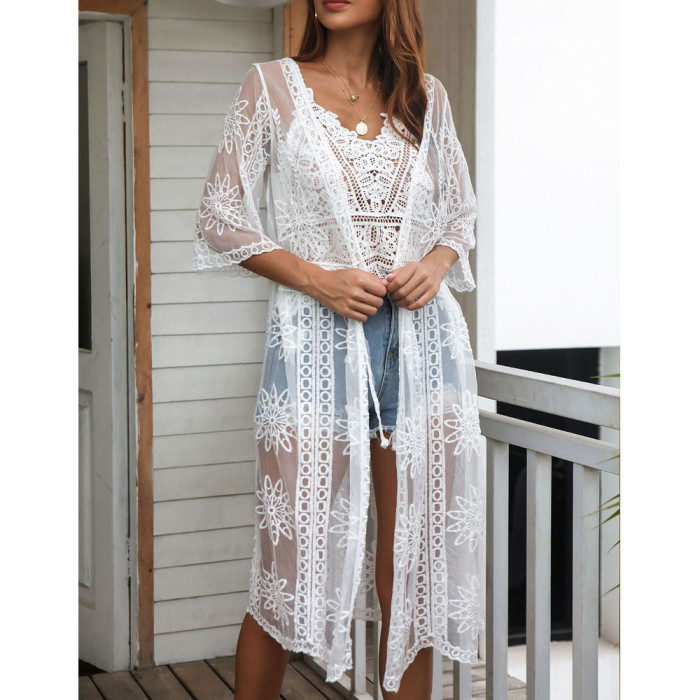 Lace Hook Floral Cardigan Kimono Embroidery Bikini Cover Ups Fashion Casual Beachwear Holiday Beach Blouse White 2022 New Hot