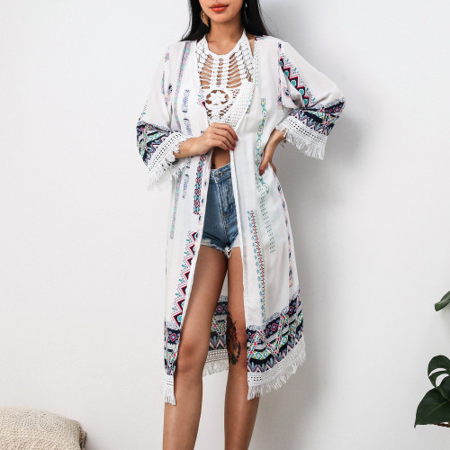 2022 Beach Cover Up Elegant Kimono Long Blouse Women Geometric Print Tassel Summer Tops Loose White Casual Holiday Shirts