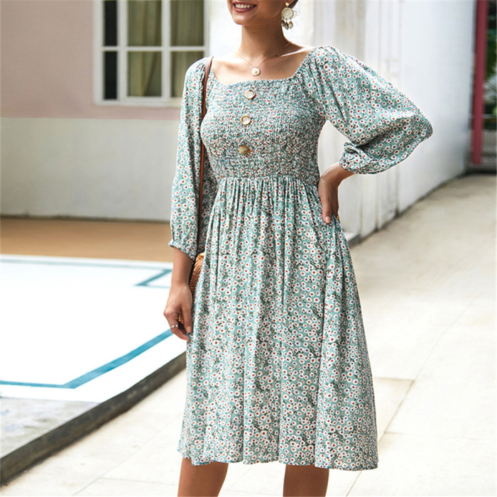 Spring Summer Elegant Small Floral Dresses Women Casual Button Square Collar Backless Full Lantern Sleeve A-Line Midi Dress