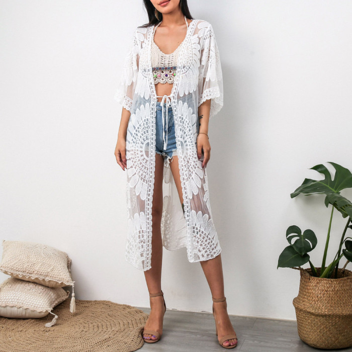 Embroidery Bikini Blouse Women Summer 2022 New Fashion Casual Boho Sweet Beachwear Cardigan Lace White Lace Up Long Kimono