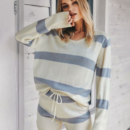New Spring Autumn Casual Striped Suit Knitted Stripe Women's Tracksuit Sets Long Sleeve V-Neck Ladies