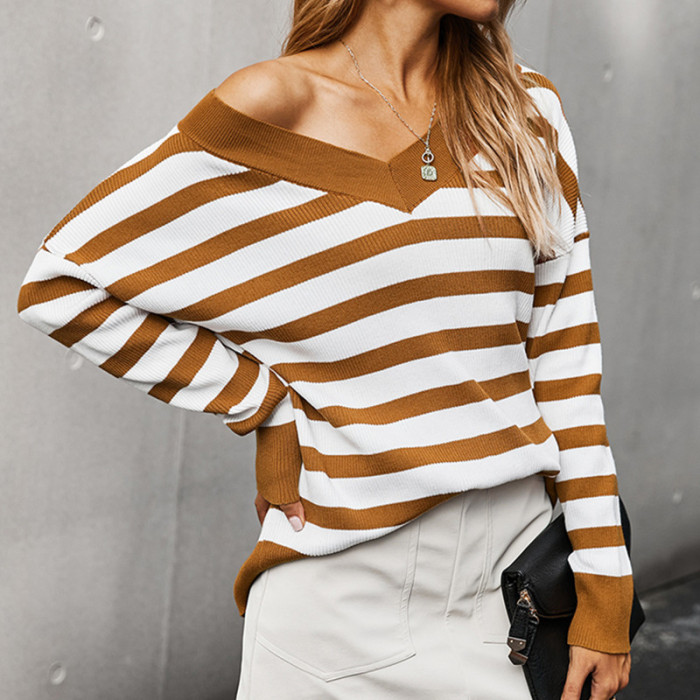 Korean Striped Knitted Sweater Women Spring Autumn Long Sleeve Casual Off Shoulder Knitted Jumper Ladies Pullover Sweater Fall