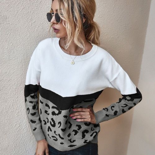 Fashion Leopard Patchwork Spring and Autumn 2022 Ladies Knitted Sweater Women O-neck Full Sleeve Jumper Pullovers