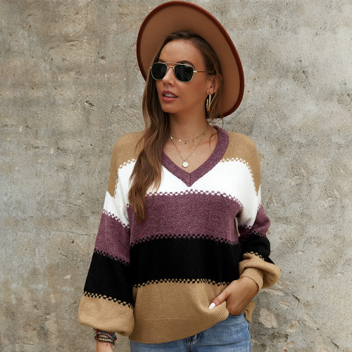 Spring and Autumn Loose Knitted Sweater Women 2022 Fashion Lantern Sleeve Striped Sweaters Ladies Jumpers Female Pullovers Top Femme