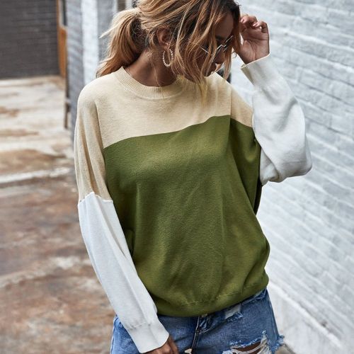 New Sweater Women Splicing Knitting Spring Autumn Patchwork Fashion Warm O-Neck Bat Sleeve Tops Coat Pullover Clothes