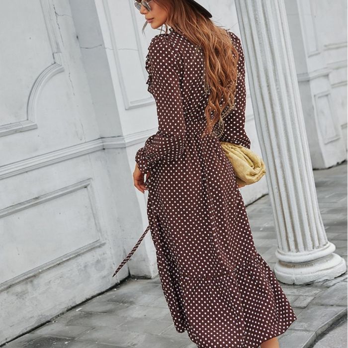 Boho Sleeve Polka Dot Printed Long Dress Women Elegant Vintage Stand Collar Long Sleeves Spring Summer Dress 2022