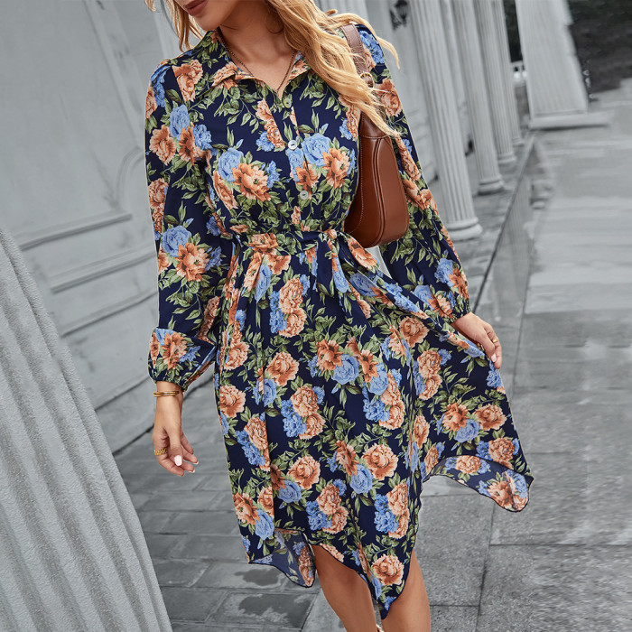 New Ladies Print Dress Women Casual Full Sleeve Lace Up High Waist Floral Dress For Women 2022 Spring Autumn Dress