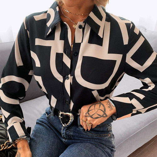 2022 Spring and Summer Women Fashion Shirt Lady Long Sleeve Blouse Turn-down Collar Button Design Print Casual Shirts