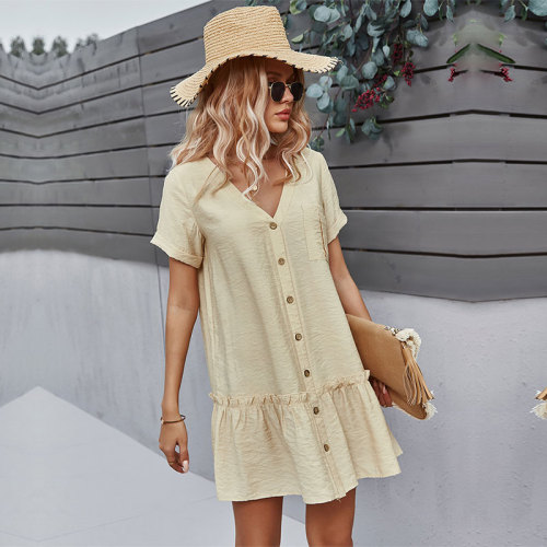 Spring New Solid Short Dress Women Casual V Neck Single Breasted Summer Dress Ladies Loose A Line Dresses