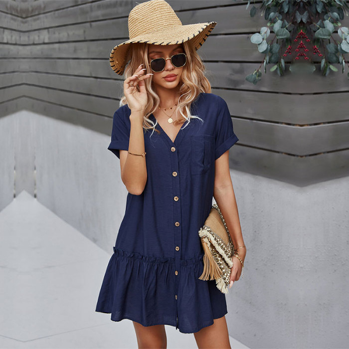 Spring New Solid Short Dress Women Casual V Neck Single Breasted Summer Dress Ladies Loose A Line Dresses