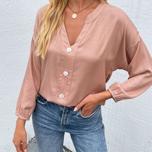 Fashion Solid V Neck Simple Shirt Top Women 2022 Spring Summer New Full Sleeve Button Oversize Top Female Casual