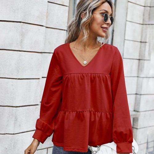 2022 Women Fashion Clothing Fall New Sexy V-neck Tops Retro Classic Solid Color Casual Shirt