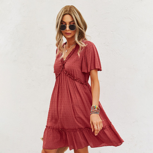 Summer Women's Clothing Fashion Short Sleeve Solid Color Dress V-neck Casual Party Sundress Plus Size Ladies Dress