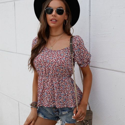 Women Sexy Floral Printing T-Shirts Summer Fashion Square Collar Puff Sleeve Slim Tops