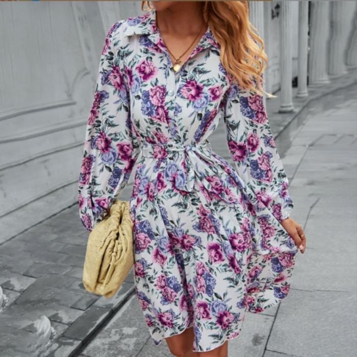 New Ladies Print Dress Women Casual Full Sleeve Lace Up High Waist Floral Dress For Women 2022 Spring Autumn Dress