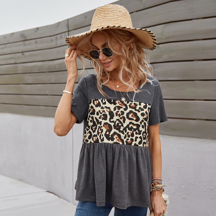 Summer Leopard Printing Fashion Patchwork T-shirts Casual Office Lady All-match Women Clothes Dark Gray O-Neck Short Sleeve Tops