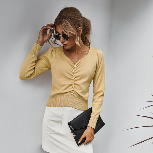 Spring New Simple V-neck Fashion Pleated Sweater Women Knitted Sweater Solid Color Long Sleeve Pullovers LadiesTops