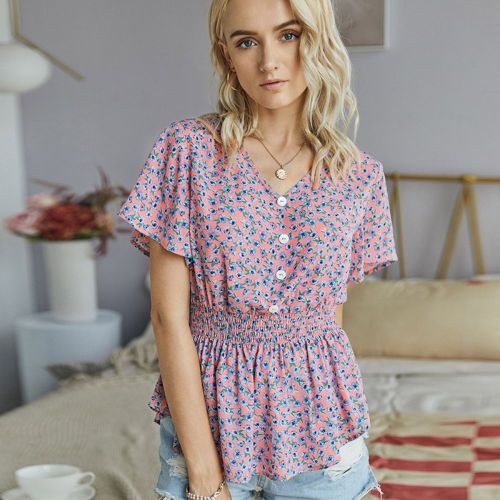 European and American Fashion T-shirt Summer Slim Floral Small Fresh Polyester Printing Top 2
