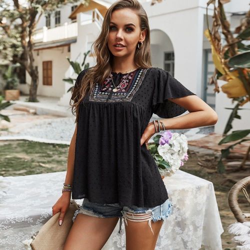 New Vintage Casual Print Street Style Fashion Ladies T-Shirts Sleeve Round Neck Loose Chic Female Blouse