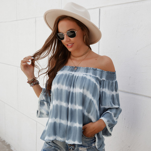 Two Colors Sexy One-shoulder Loose Tops Fashion Tie-dye Printing All-match Casual Women Shirt Spring Summer Seaside Beach Vacation