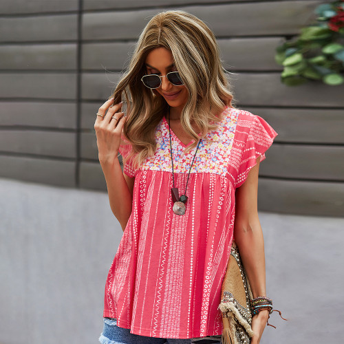 2022 Spring Summer Casual Fashion Sexy Chic Print Female Blouse O Neck Ruffle Flying Sleeve Loose Cotton T-Shirts