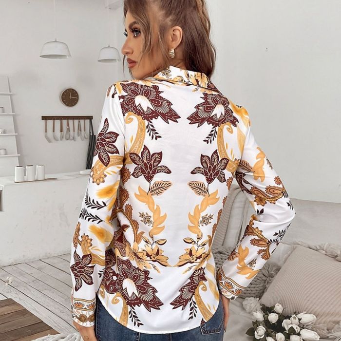 Women Printed Blouse 2022 Spring Autumn Long Sleeve Tops Casual Turn Down Collar Temperament All-match Blouse
