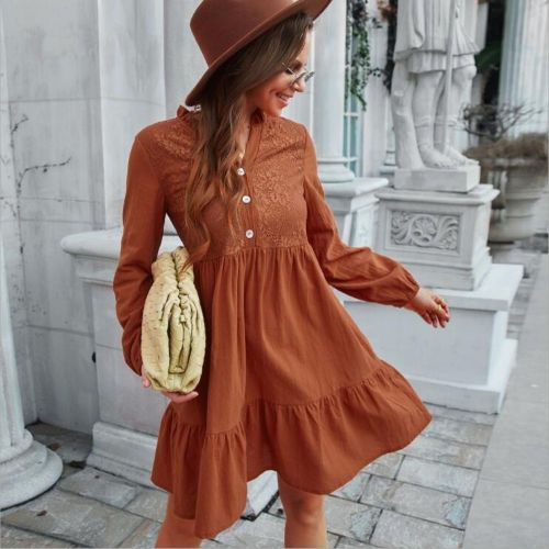 2022 Women New Temperament Fashion Ruffled Casual Dress Vintage Long Sleeve With Buttons Female Dresses