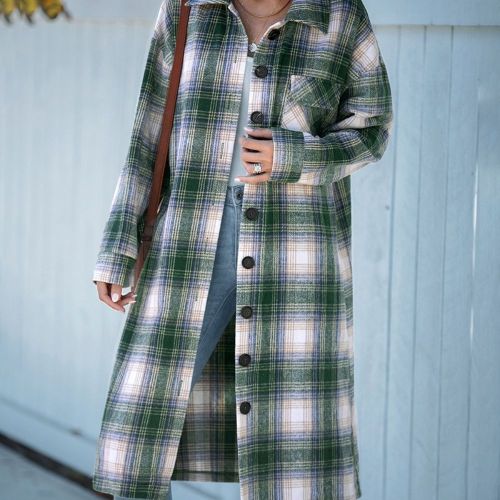 Women's Loose Long Plaid Wind Fashion Full-sleeved CasualCollar Long Coat
