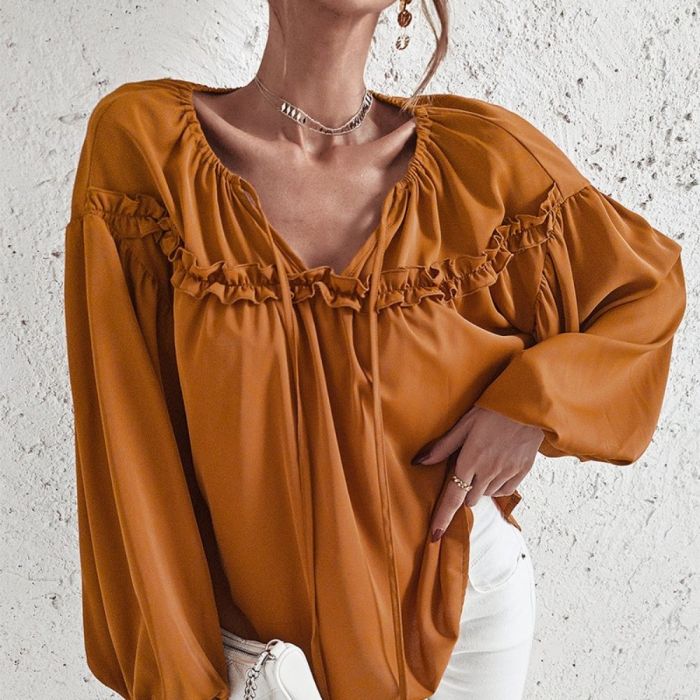 Women's Spring and Summer Lace-up Deep V-neck Sexy Lantern Long-sleeved Dark Coffee Blouse and Top shirt