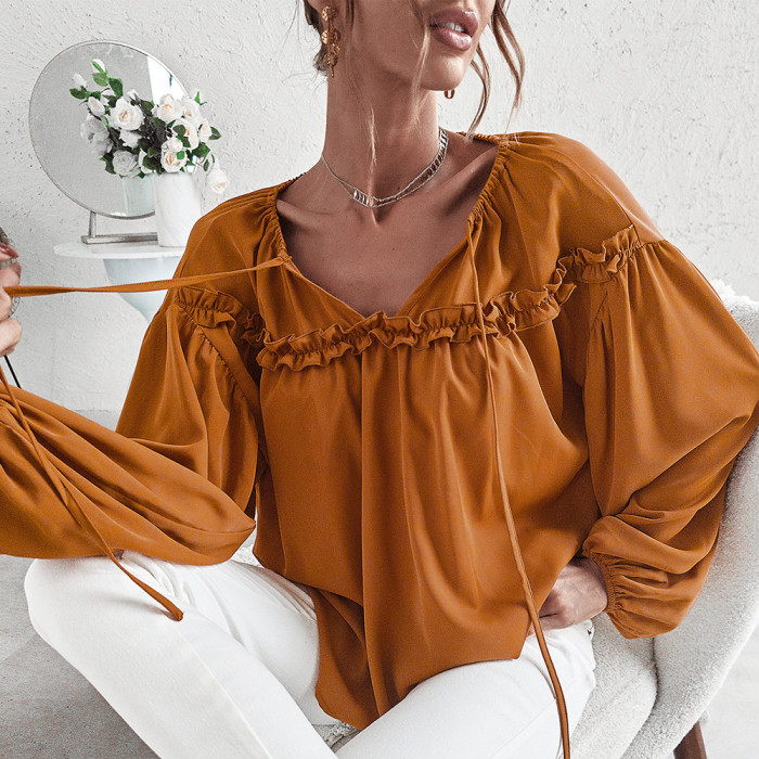 Women's Spring and Summer Lace-up Deep V-neck Sexy Lantern Long-sleeved Dark Coffee Blouse and Top shirt