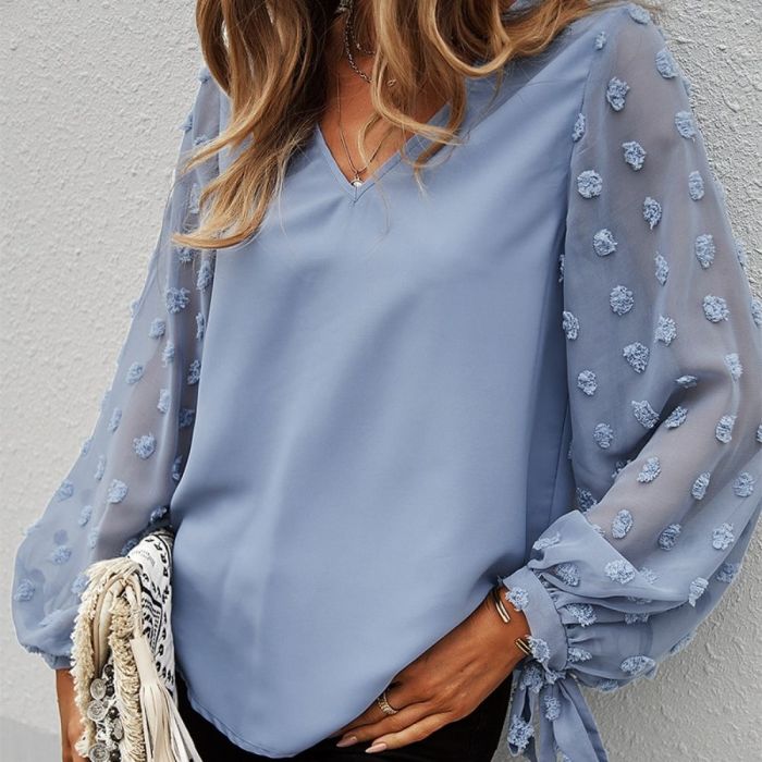 2022 Spring New Top Women Casual Solid Holiday Style Pullover Top Women's Blouses Lantern Sleeve V-Neck Temperament Shirt