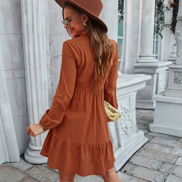 2022 Women New Temperament Fashion Ruffled Casual Dress Vintage Long Sleeve With Buttons Female Dresses