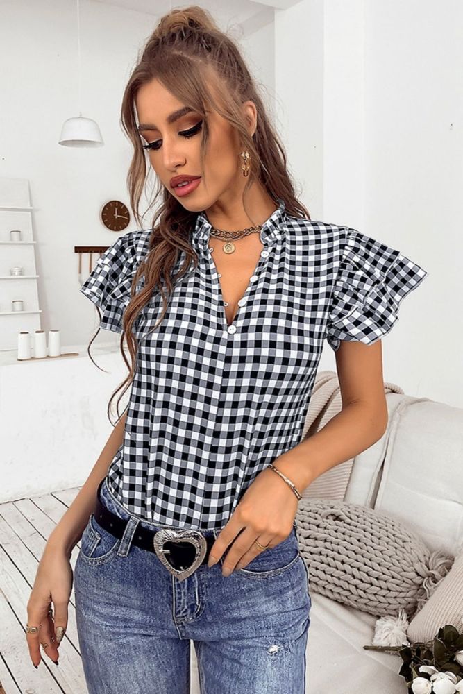 Black and White Plaid Women's Shirt Pleated Collar Button Casual Shirts For Ladies Short Sleeve Office Lady Elegant 2022 Tops