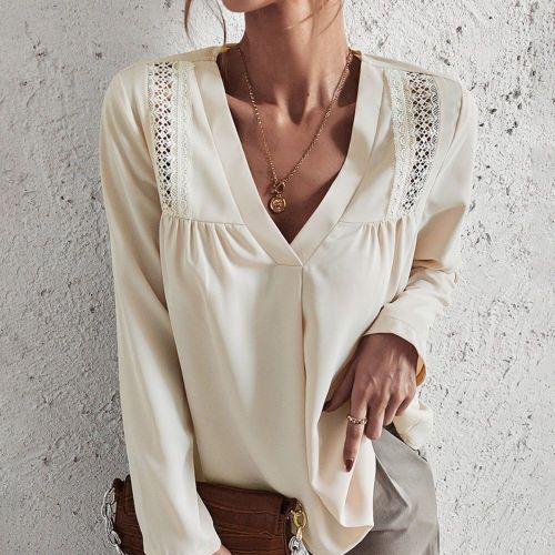 Fashion Temperament Solid Shirt Women's Spring and Autumn 2022 New V Collar Bohemian Loose Hollow out Style Shirt