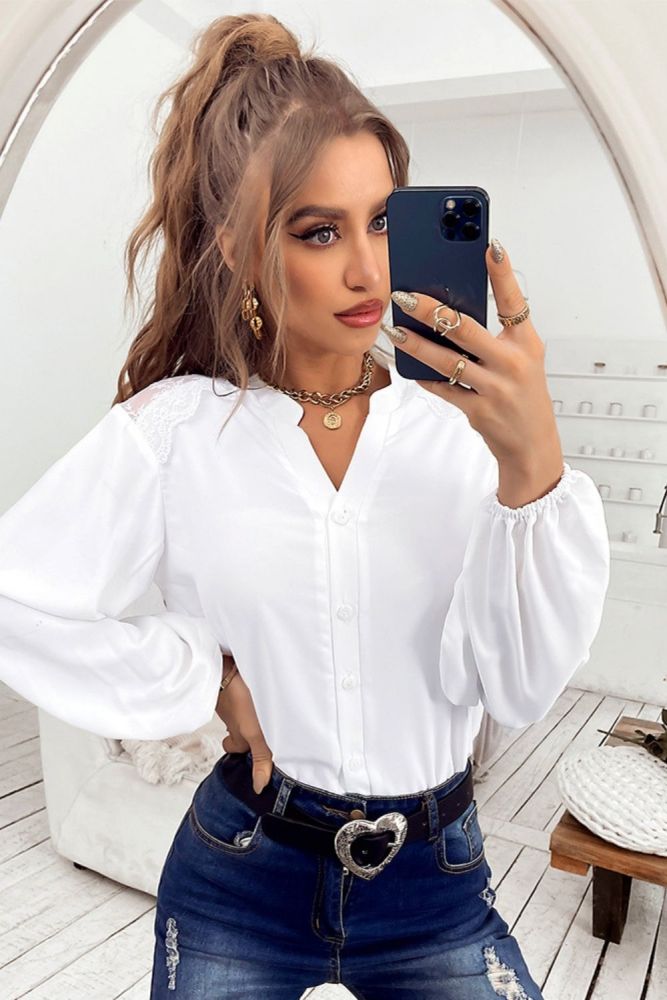 Fashion Solid V Neck Simple Shirt Top Women 2022 Spring Summer New Full Sleeve Button Top Female Casual