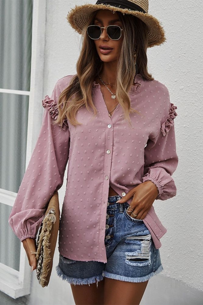 Sweet Pink Shirts Women 2022 Spring New Arrival Full Latern Sleeve Ruffle Blouses Round Neck Single-Breasted Pleated Shirt Tops