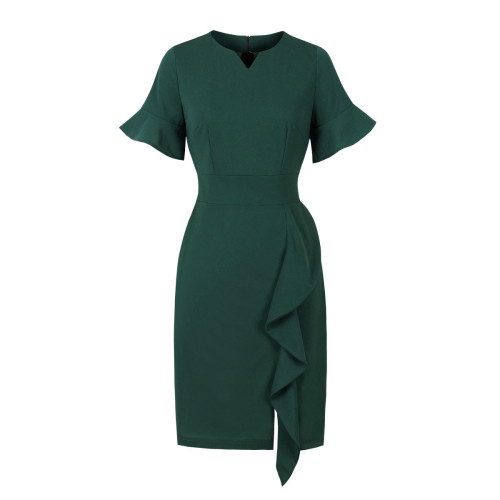 New Solid Color Lotus Leaf Round Neck Bag Hip Flared Sleeve  Bodycon Dresses