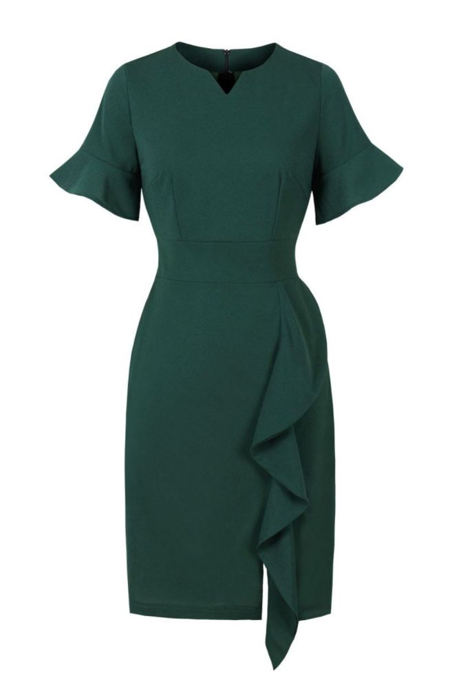 New Solid Color Lotus Leaf Round Neck Bag Hip Flared Sleeve  Bodycon Dresses