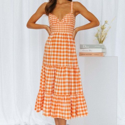 Ladies New Plaid Print Slip Vacation Dresses