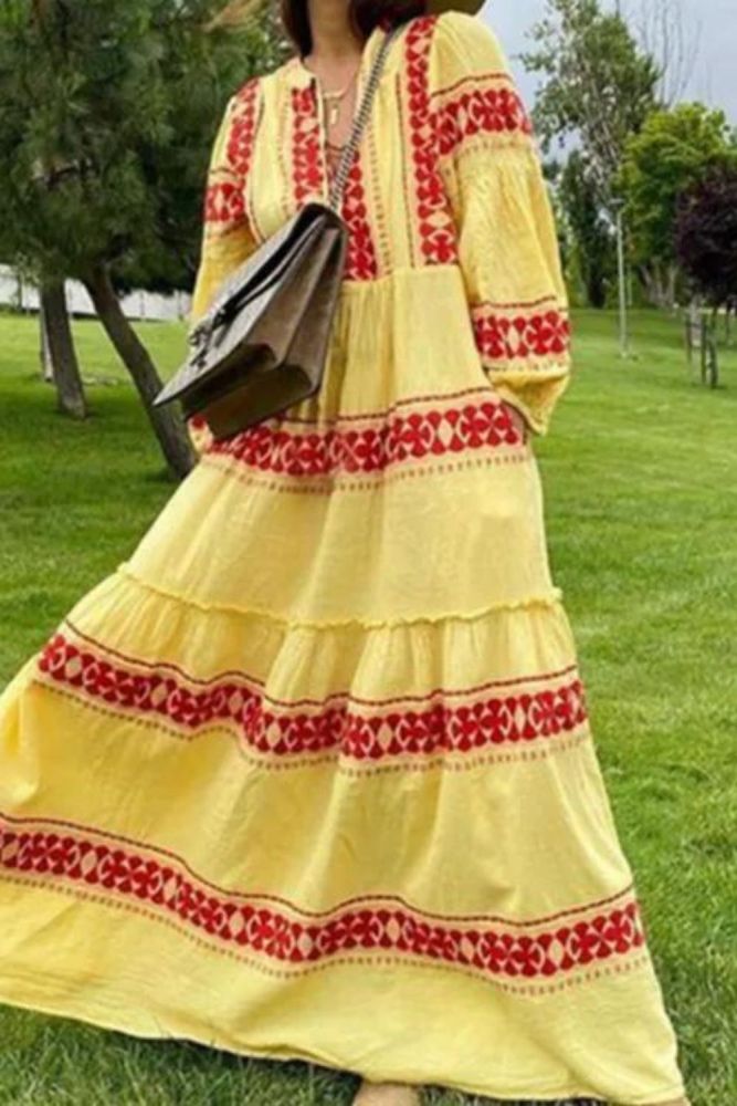 V Neck Long Lantern Sleeve Printed Elegant Maxi Dress