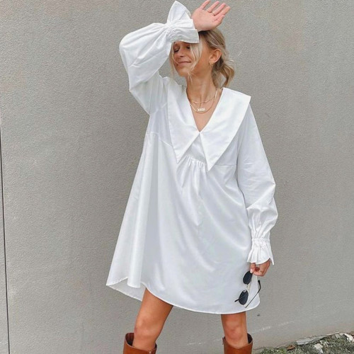 New Large Lapel Flared Sleeves White Loose  Mini Dresses