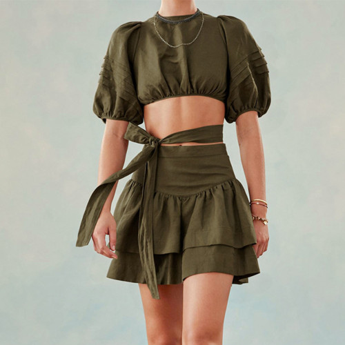 Women's Short Top Puff Sleeve Pleated Skirt   Two-piece Outfits
