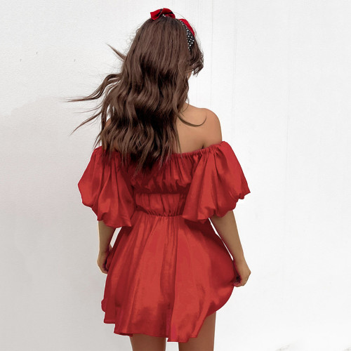 New Puff Sleeves One-Line Neck Women's Mini Dress