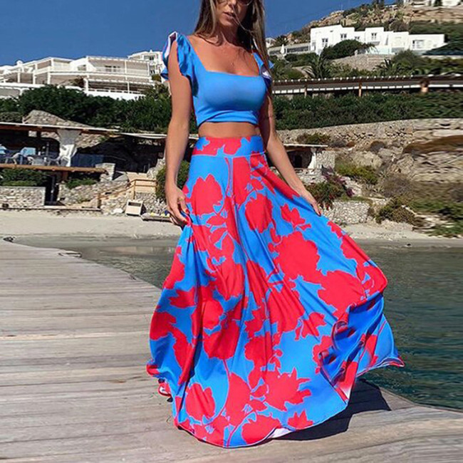 New Fashion Sexy Wrap Breast Cropped Navel Print Maxi Dress