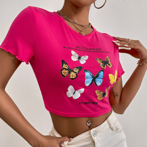 Summer new butterfly print round neck pullover sexy cropped navel women's top T-shirt