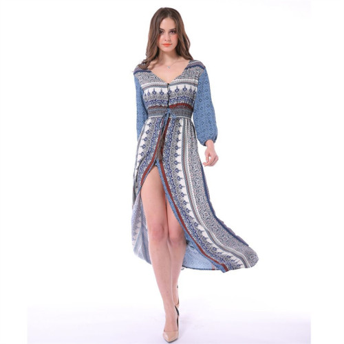 Women's Printed High Waist Chiffon Simple  Vacation Dress