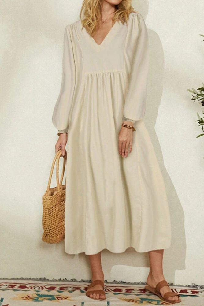 New Cotton Linen Solid Color Casual Lantern Sleeves Elegant Fashion  Maxi Dress