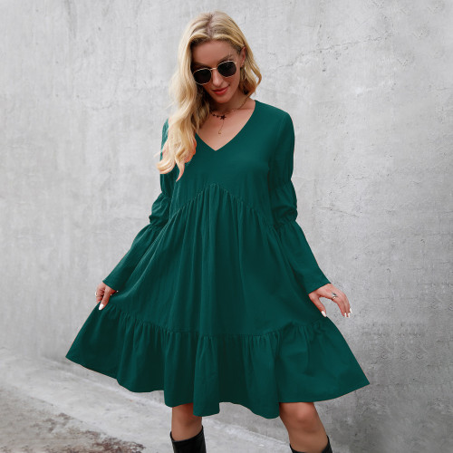 New Bohemian Swing V-Neck Solid Color Casual Dress