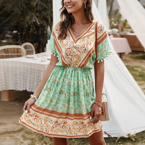 Summer Printed Boho V-Neck Cropped Party  Casual Dress