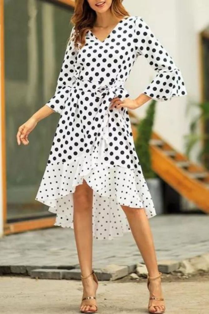Polka Dots Flare Sleeve Asymmetrical Hem Belt Casual Dress